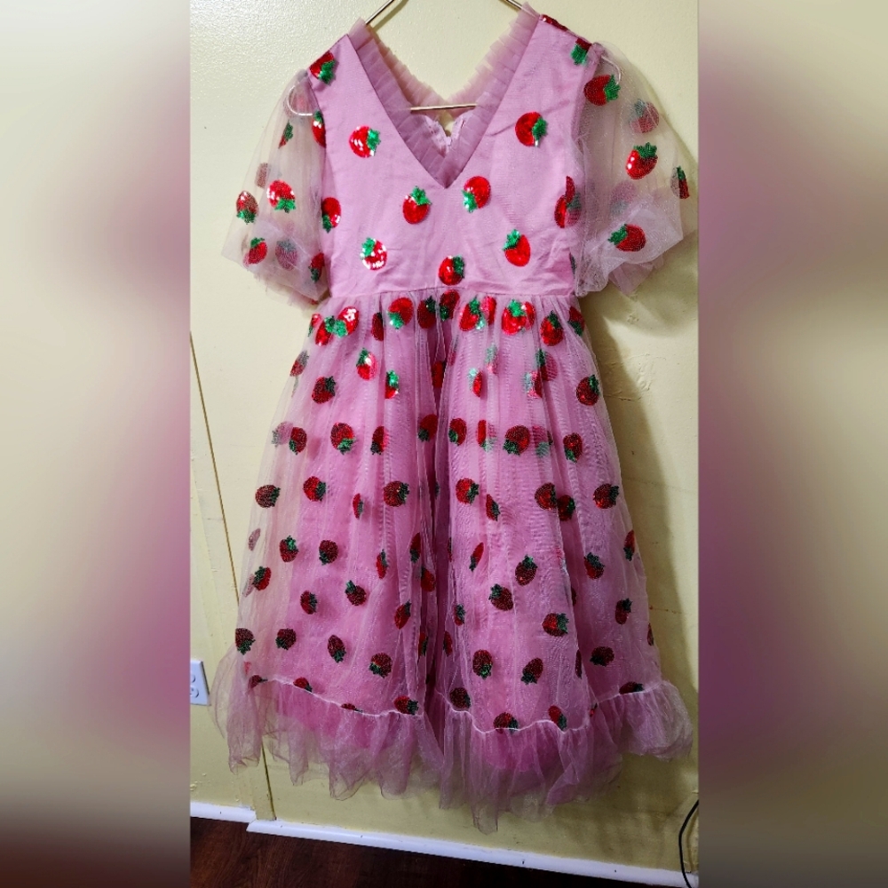 Pink Dress with Strawberry Embroidery